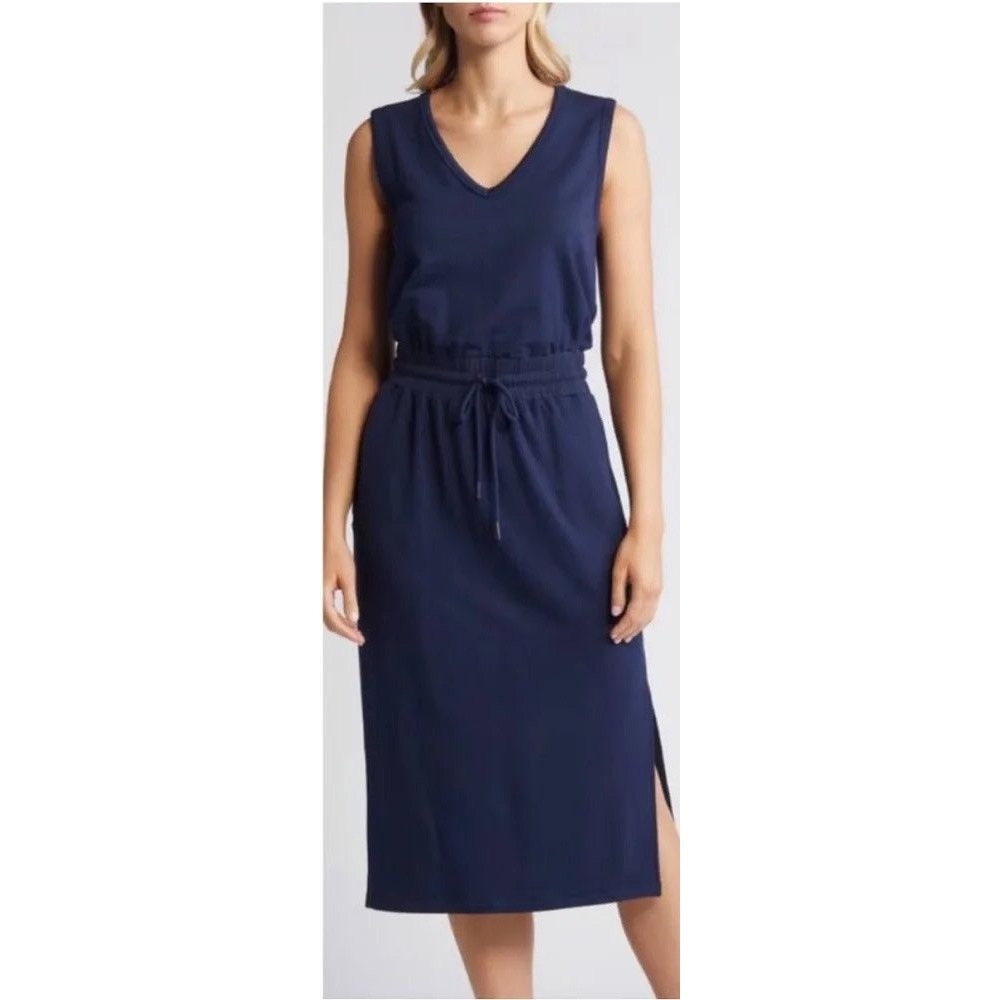 Evereve Kiara Knit Midi Dress Women XS Navy Blue Sleeveless V Neck Athleisure